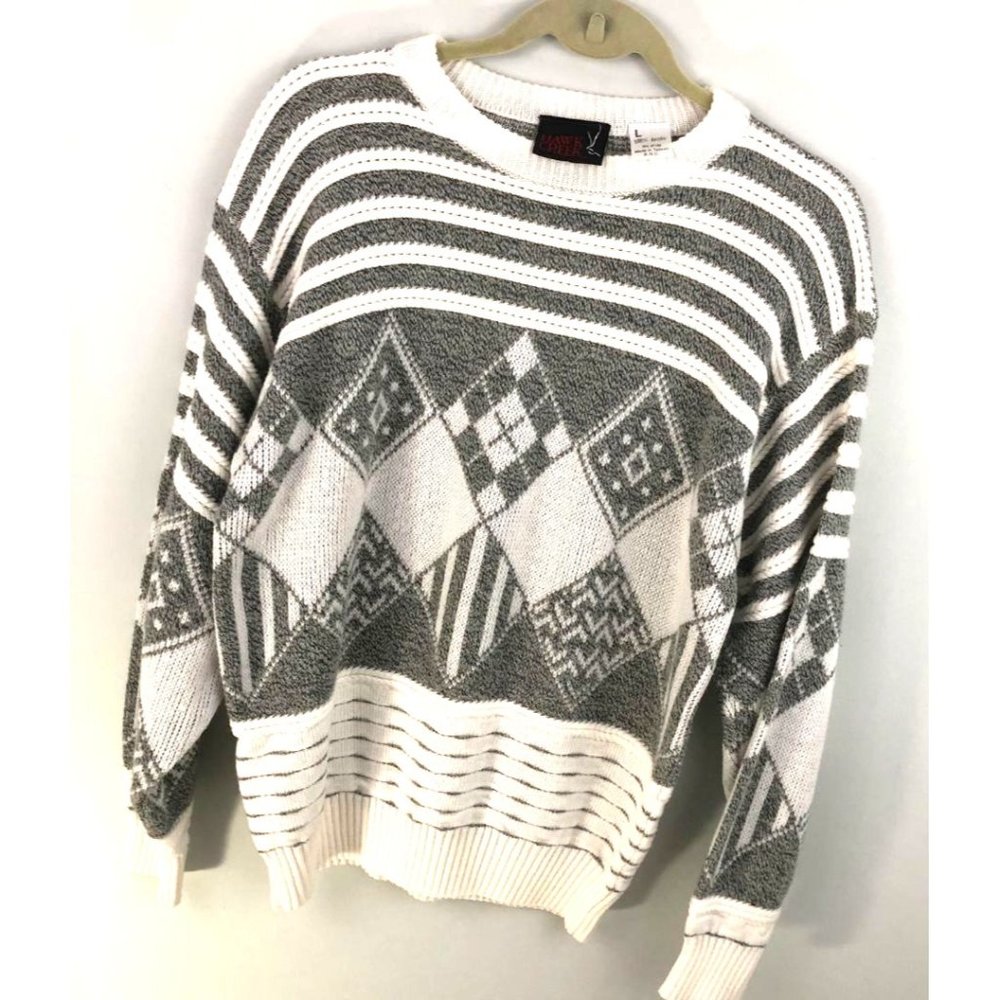 Y2K Hawk Creek Sweater Men's L‎ Vintage Geometric Grandpa Cosby Chunky Pullover